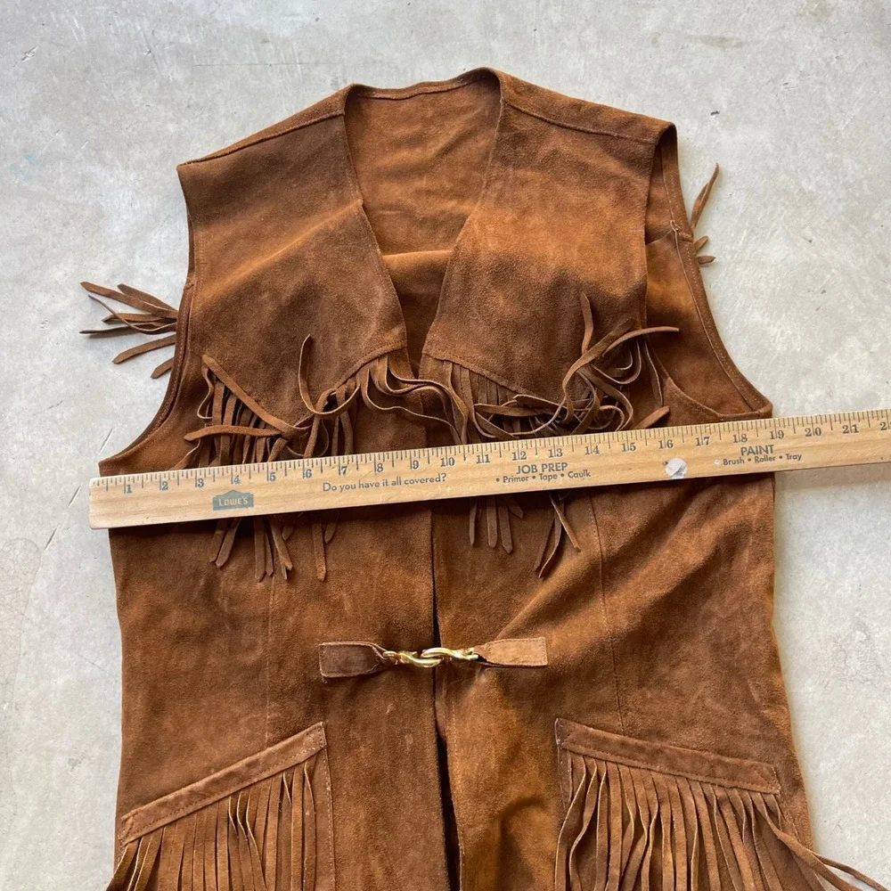 Mr Chips Vintage Brown Suede Leather Fringe Western Vest Hook Closure Brown